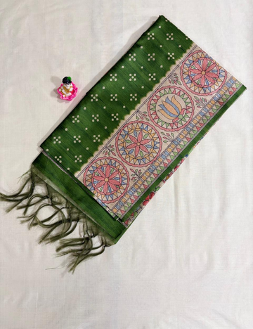 Green Print Madhubani Saree