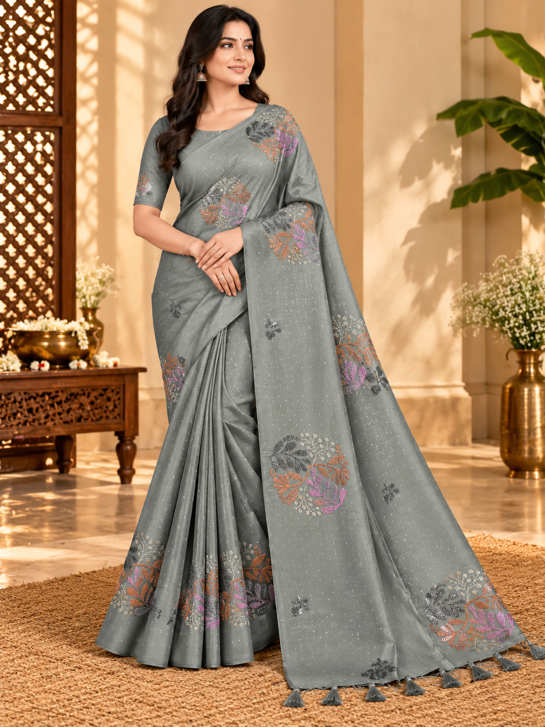 Slate Grey Floral Printed Butter Silk Saree
