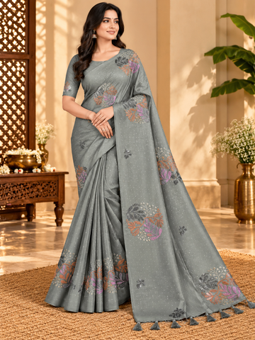 Slate Grey Floral Printed Butter Silk Saree