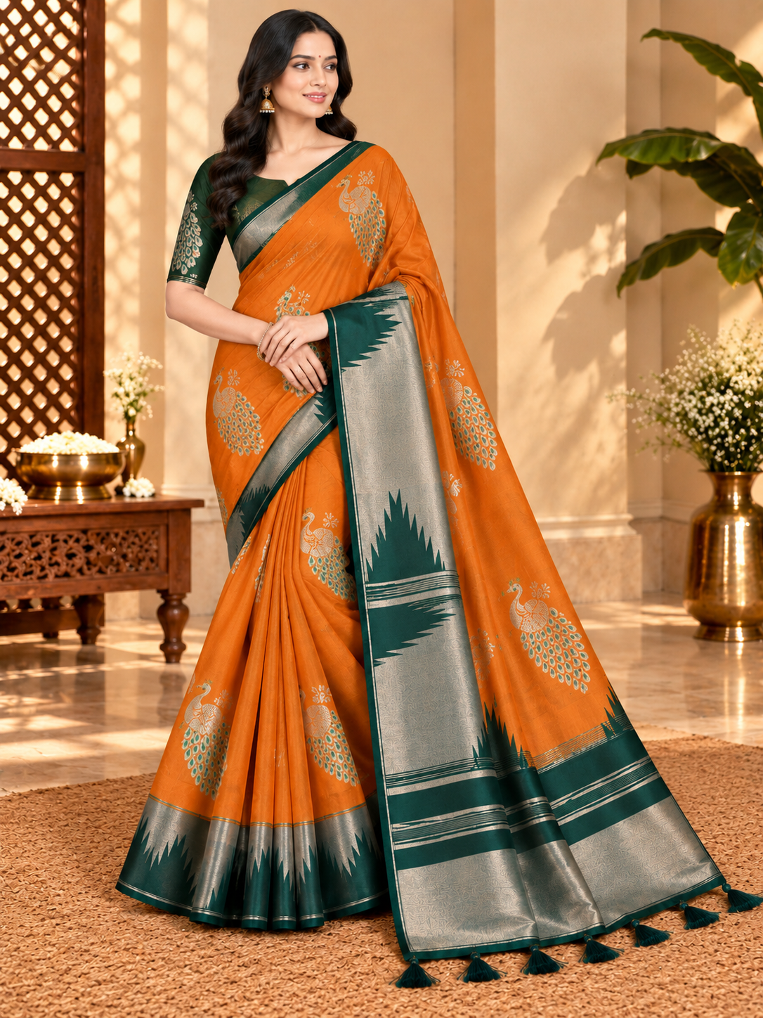 Orange & Green Border Arani Pattu Saree