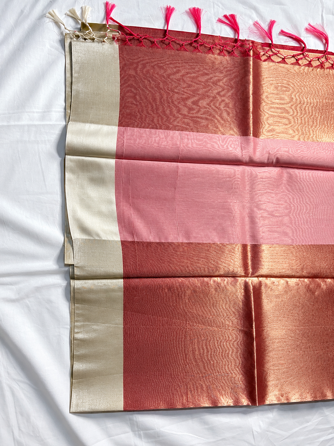 Elegant Tissue Silk Saree – Rose Pink & Silver Border