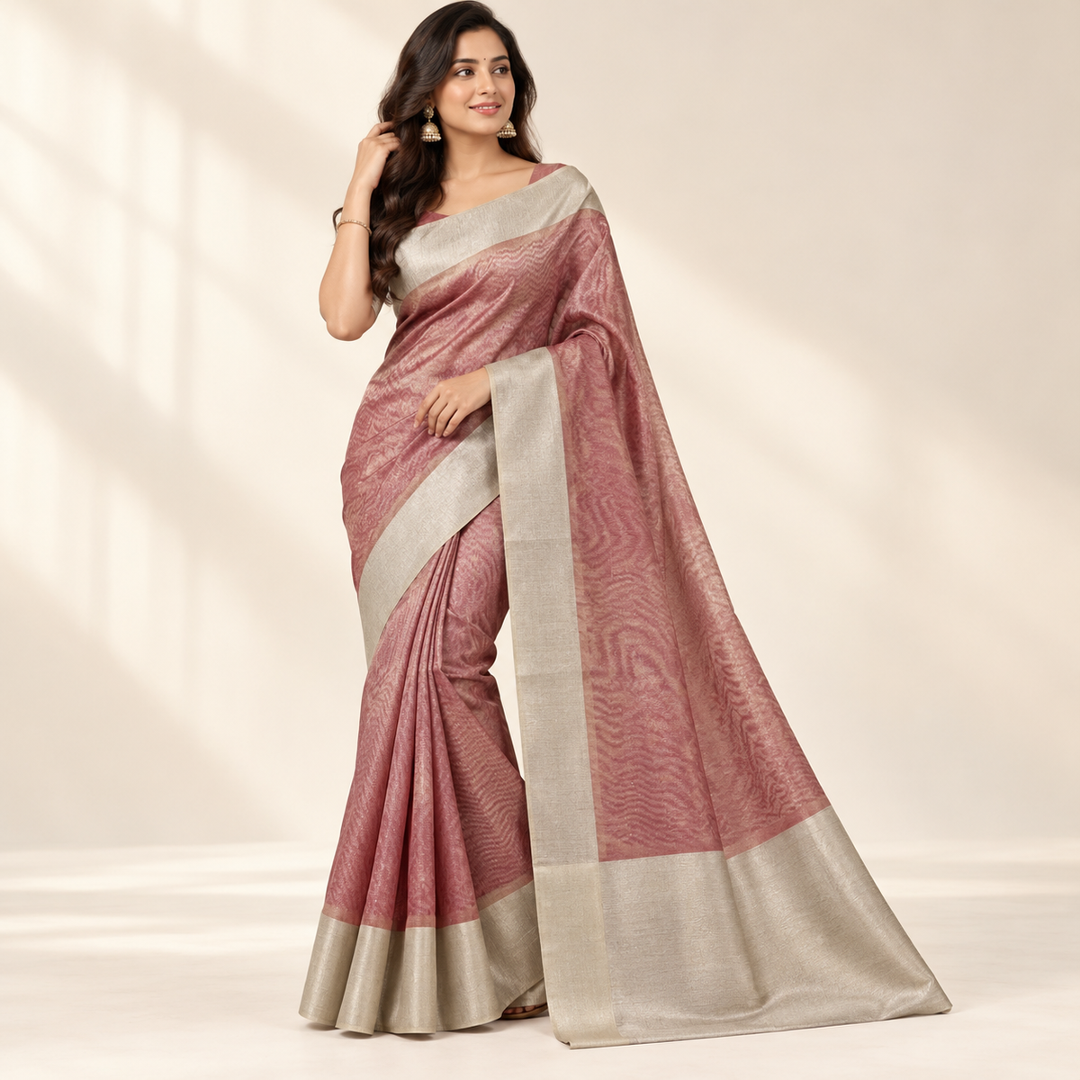 Elegant Tissue Silk Saree – Rose Pink & Silver Border