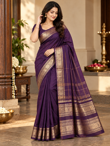 Coffee Brown Pure Kaanji Cotton Saree with Gold Zari Border