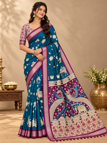 Raw Silk Pichwai Printed Saree – Teal Blue & Magenta