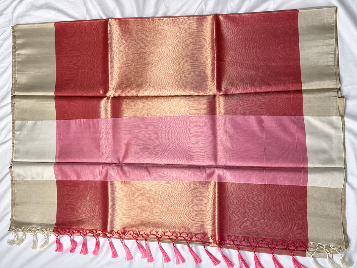 Elegant Tissue Silk Saree – Rose Pink & Silver Border