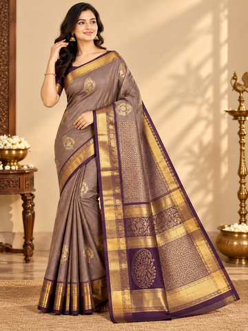 Taupe Soft Silk Saree with Purple & Gold Zari Border