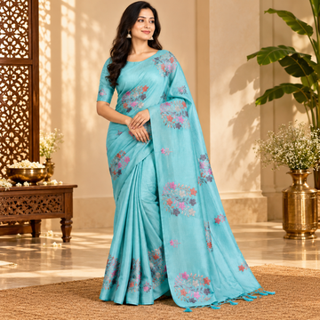 Turquoise Blue Floral Printed Butter Silk Saree