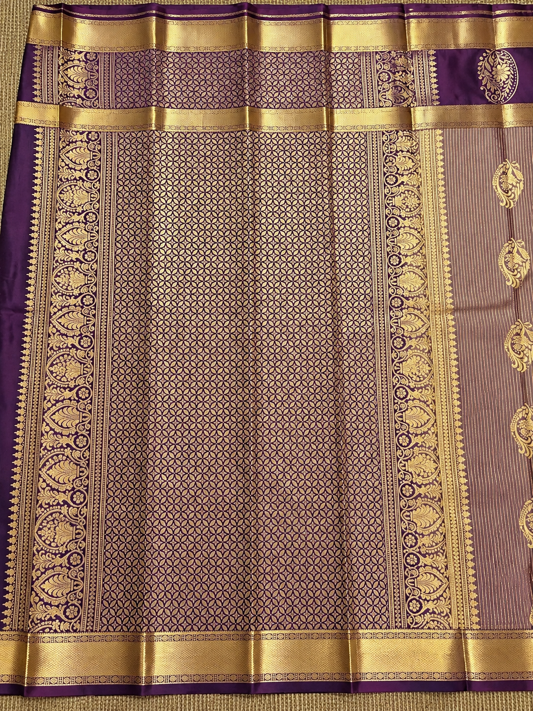 Taupe Soft Silk Saree with Purple & Gold Zari Border