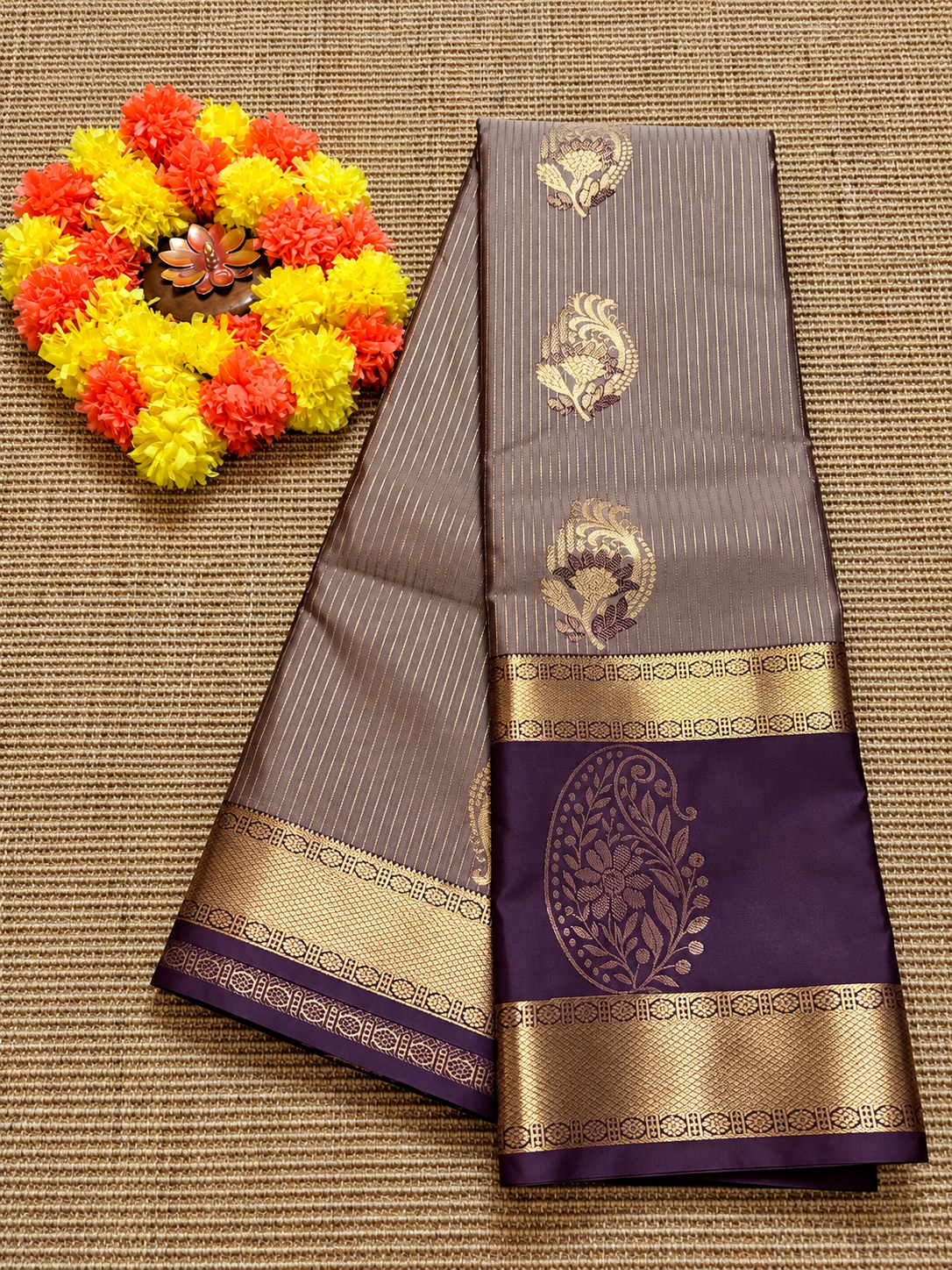 Taupe Soft Silk Saree with Purple & Gold Zari Border