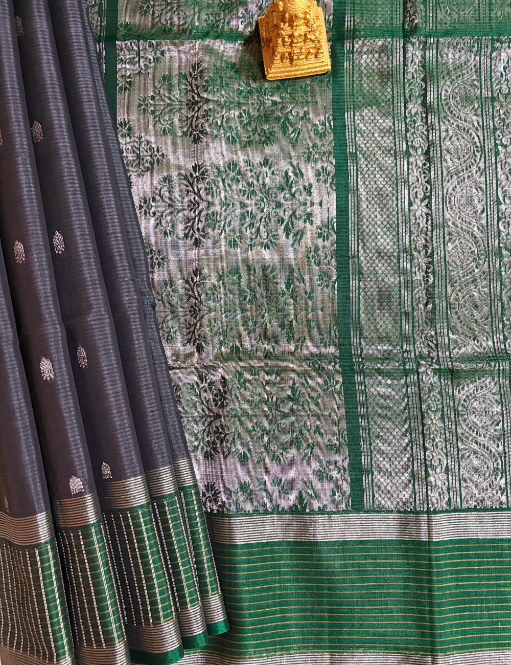Grey & Green Silk Cotton Saree