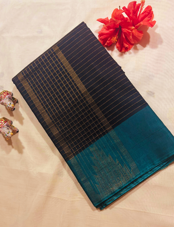 Black with Teal Green Border  Silk Cotton Saree