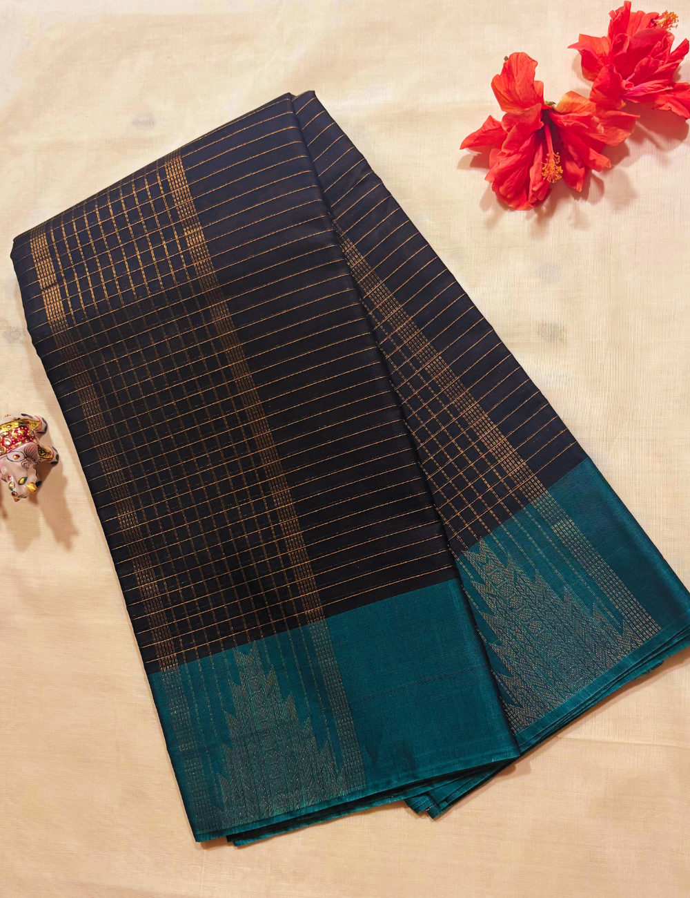 Black with Teal Green Border  Silk Cotton Saree
