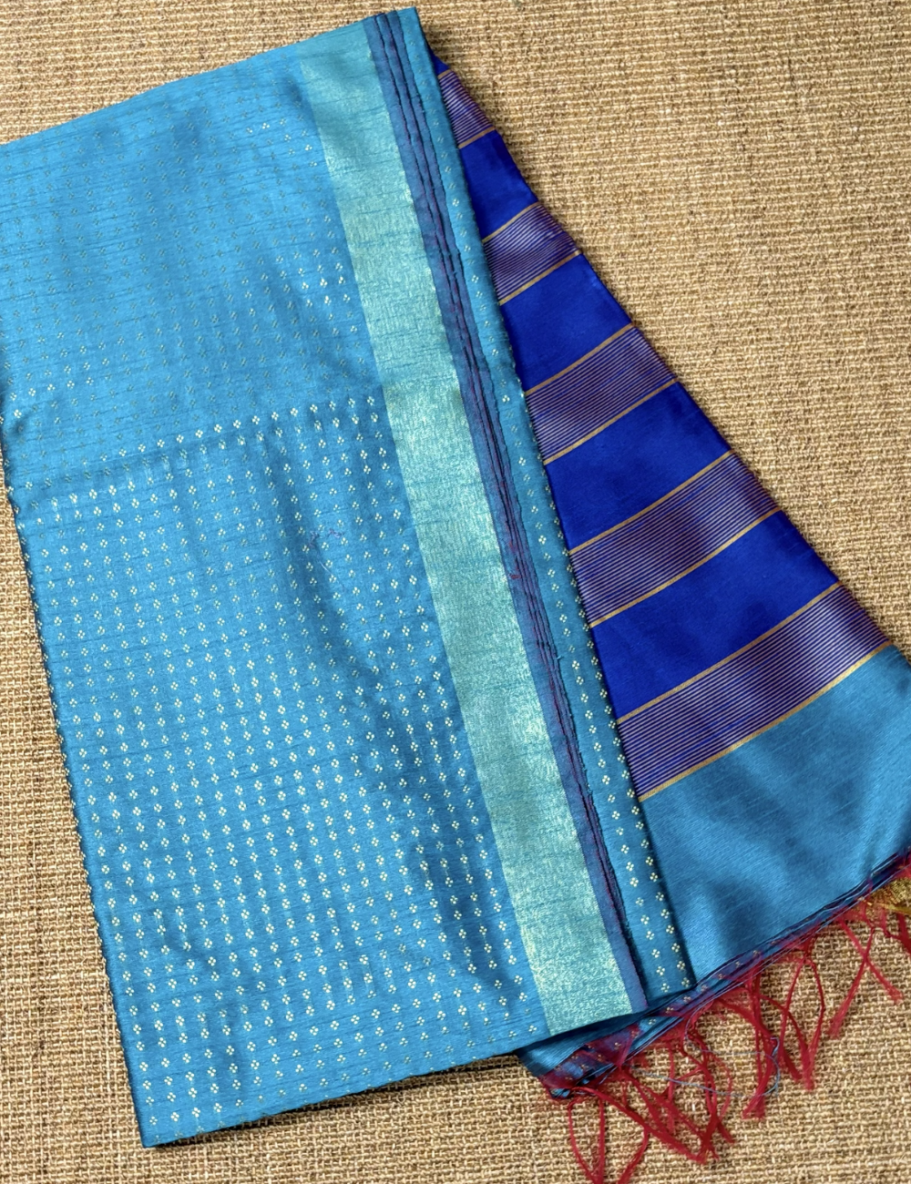 Aqua Blue With Royal Blue Raw Silk Saree