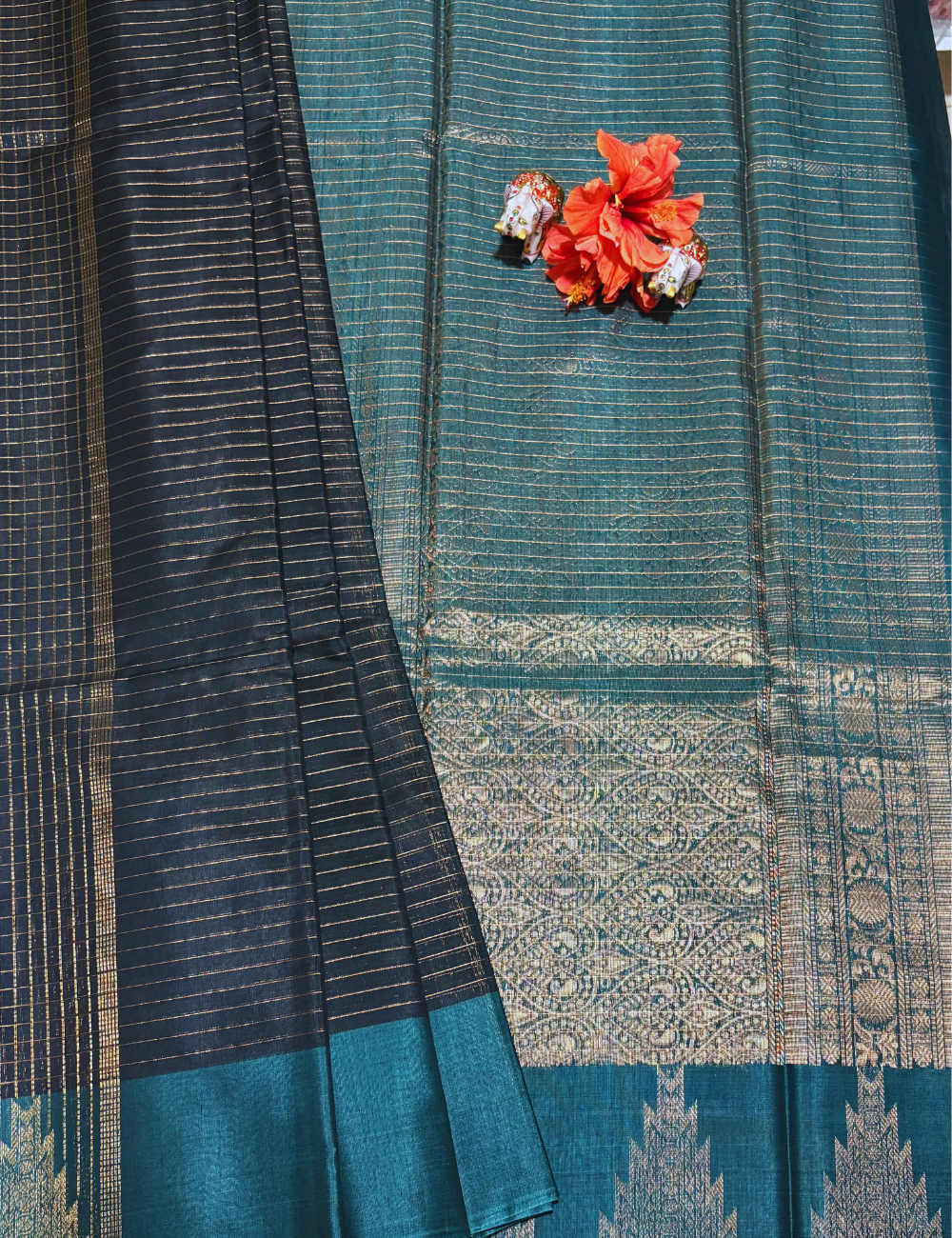 Black with Teal Green Border  Silk Cotton Saree