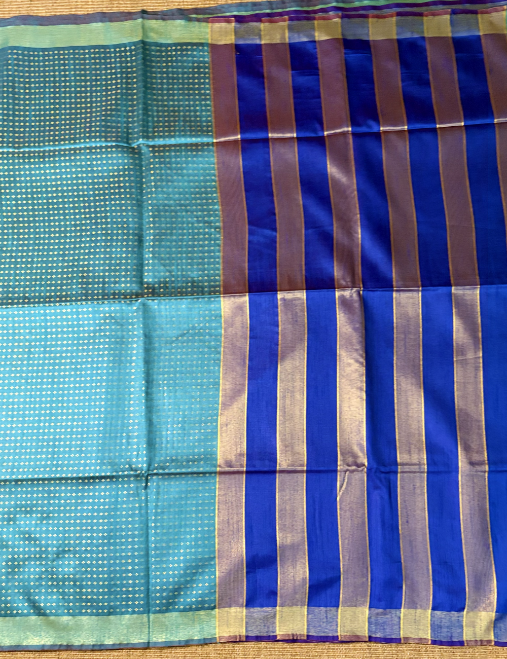 Aqua Blue With Royal Blue Raw Silk Saree