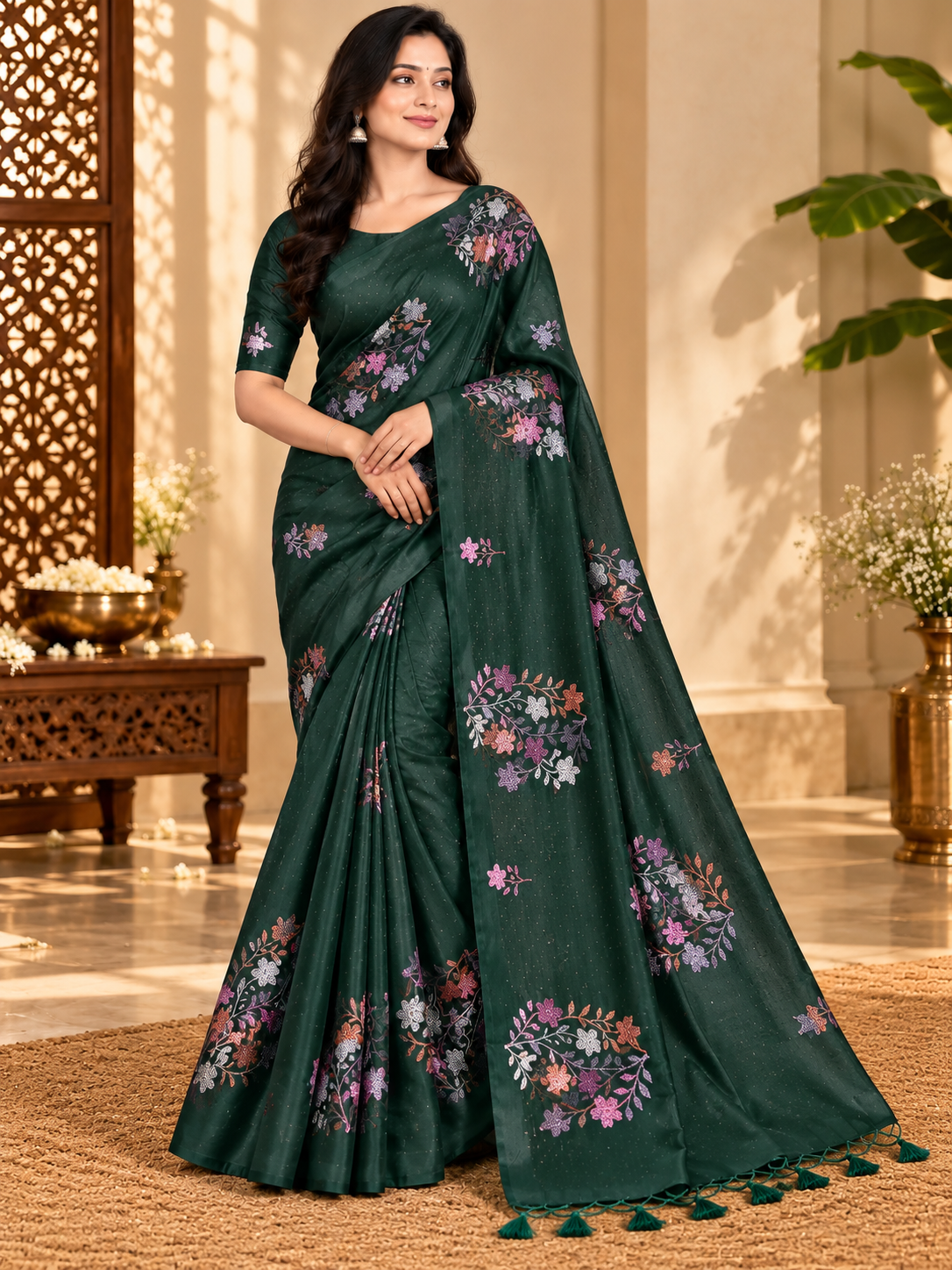 Emerald Green Floral Printed Butter Silk Saree