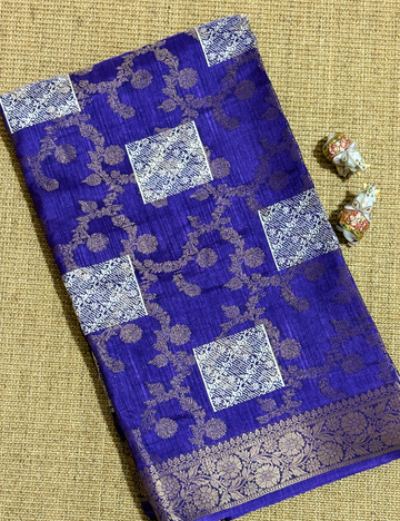 Royal Blue Semi Tussar Saree with Silver Zari Geometric Pallu