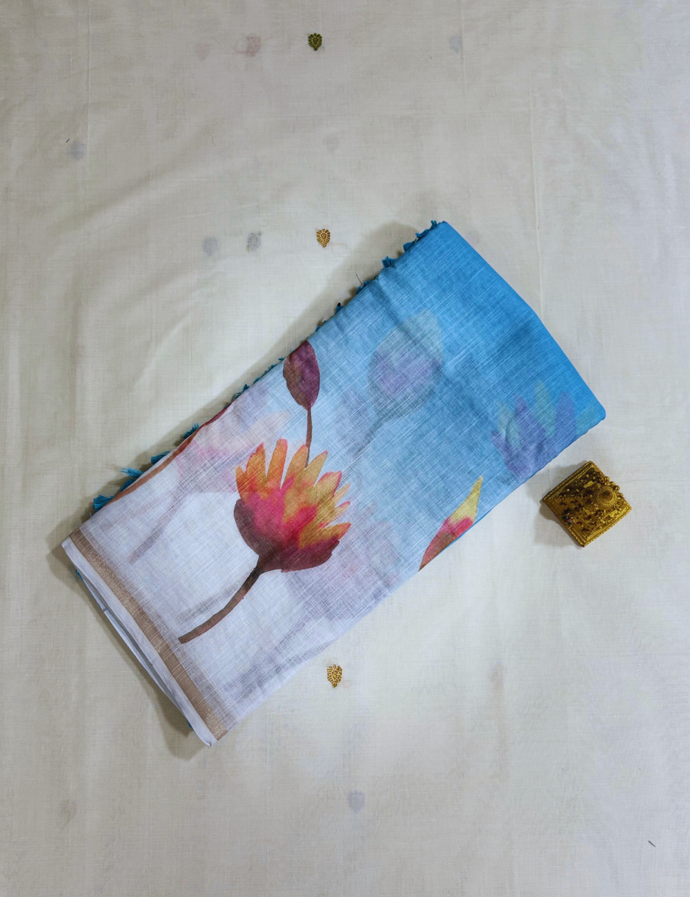 Blue & White  Floral Design Linen Saree