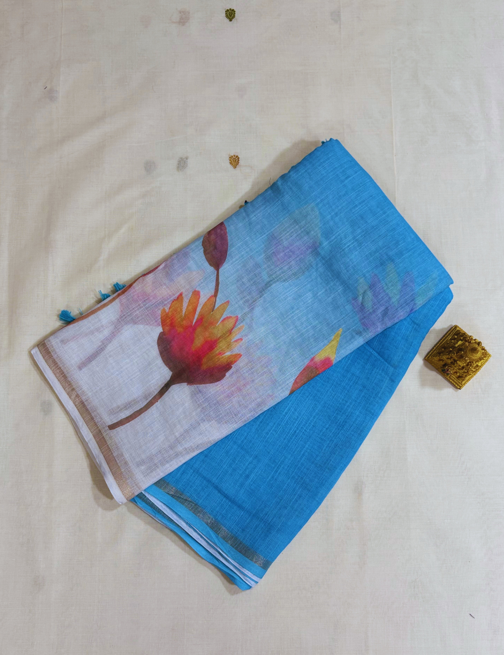 Blue & White  Floral Design Linen Saree