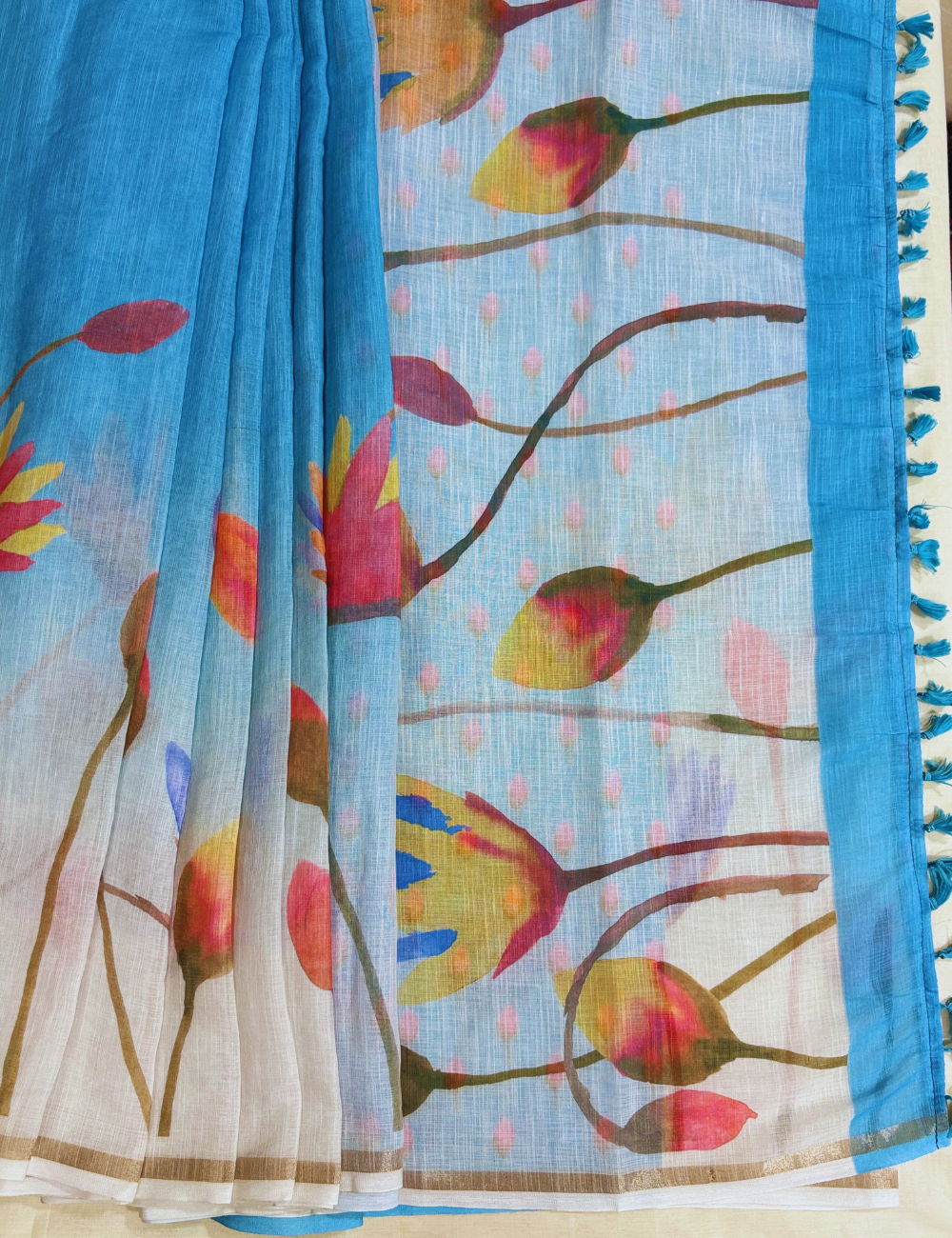 Blue & White  Floral Design Linen Saree