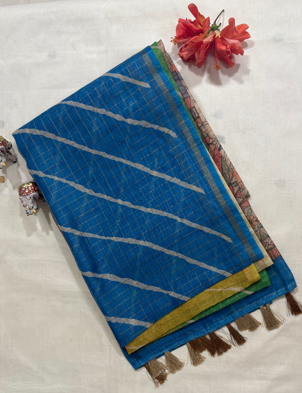 Hand-Painted  Green & Blue Painted Madhubani -lehariya Saree