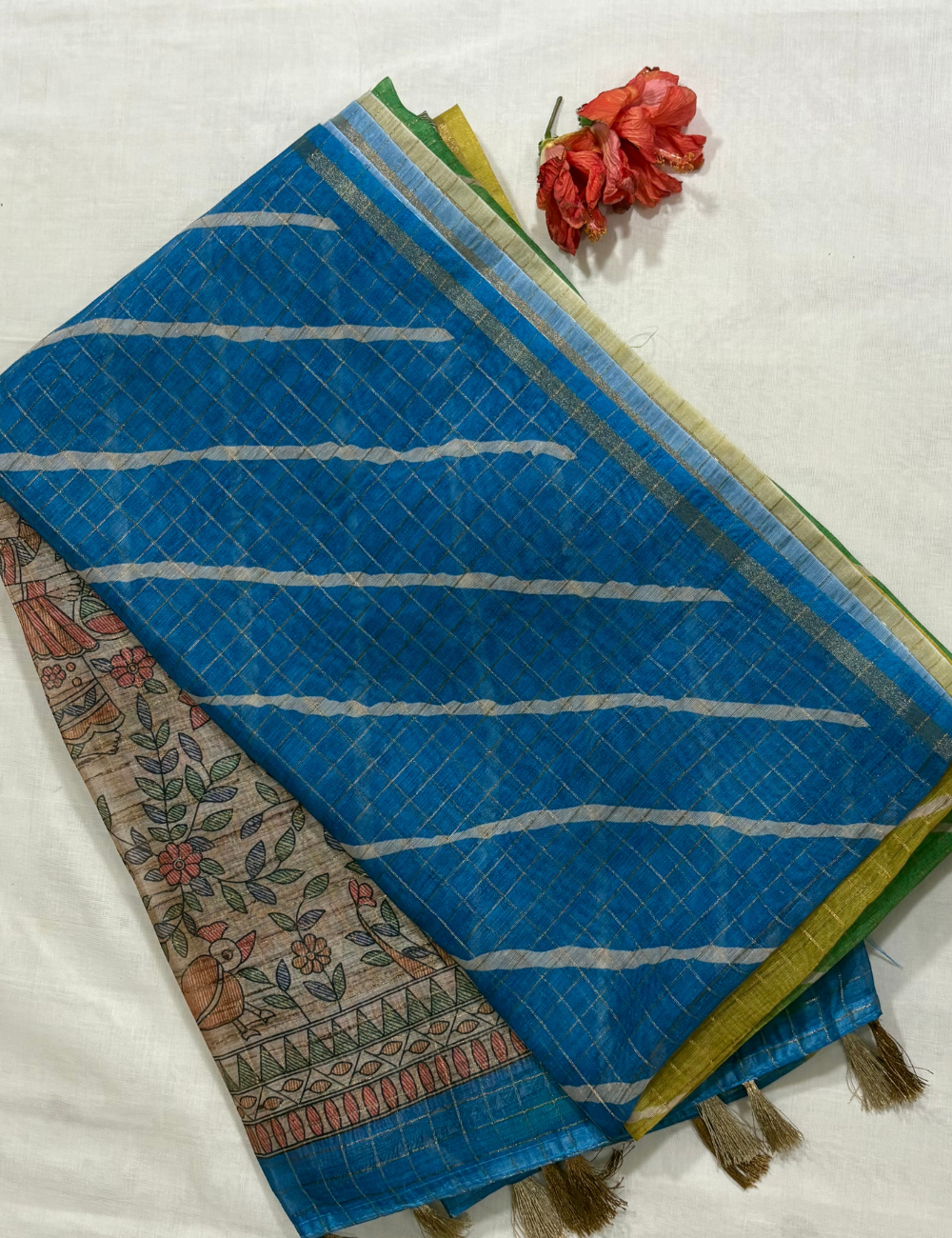 Hand-Painted  Green & Blue Painted Madhubani -lehariya Saree
