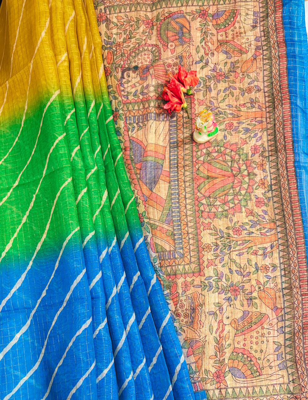Hand-Painted  Green & Blue Painted Madhubani -lehariya Saree