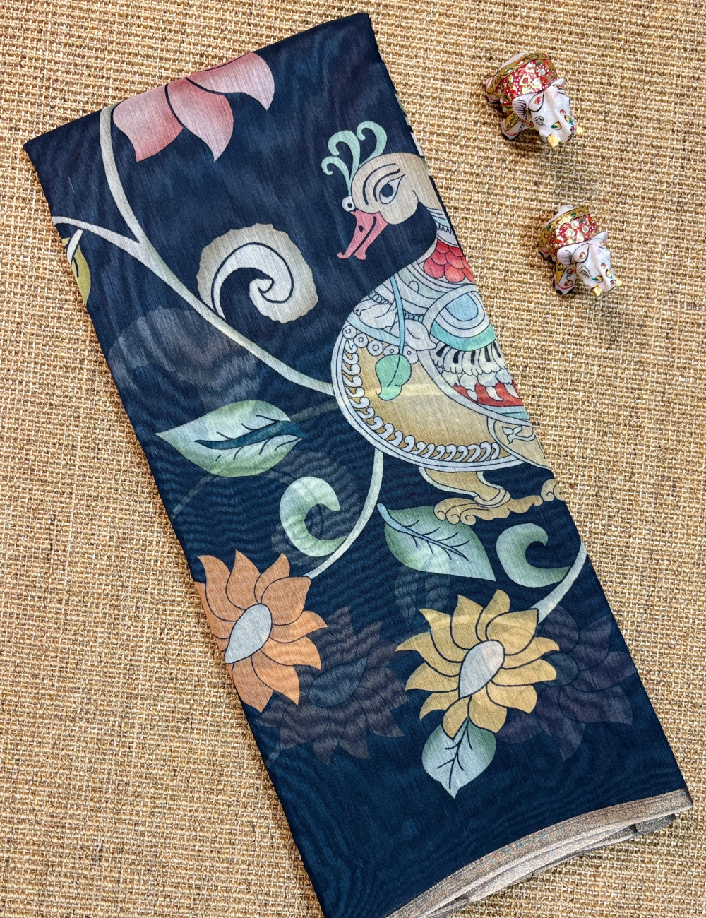 Black Chanderi Cotton Saree with Kalamkari-Inspired Floral & Bird Motifs