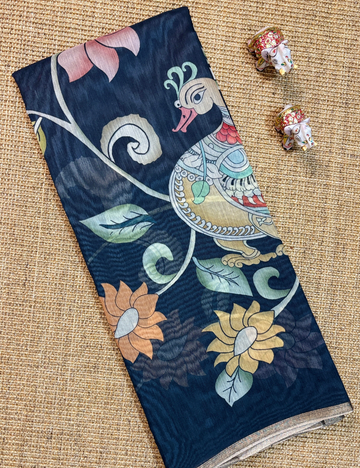 Black Chanderi Cotton Saree with Kalamkari-Inspired Floral & Bird Motifs