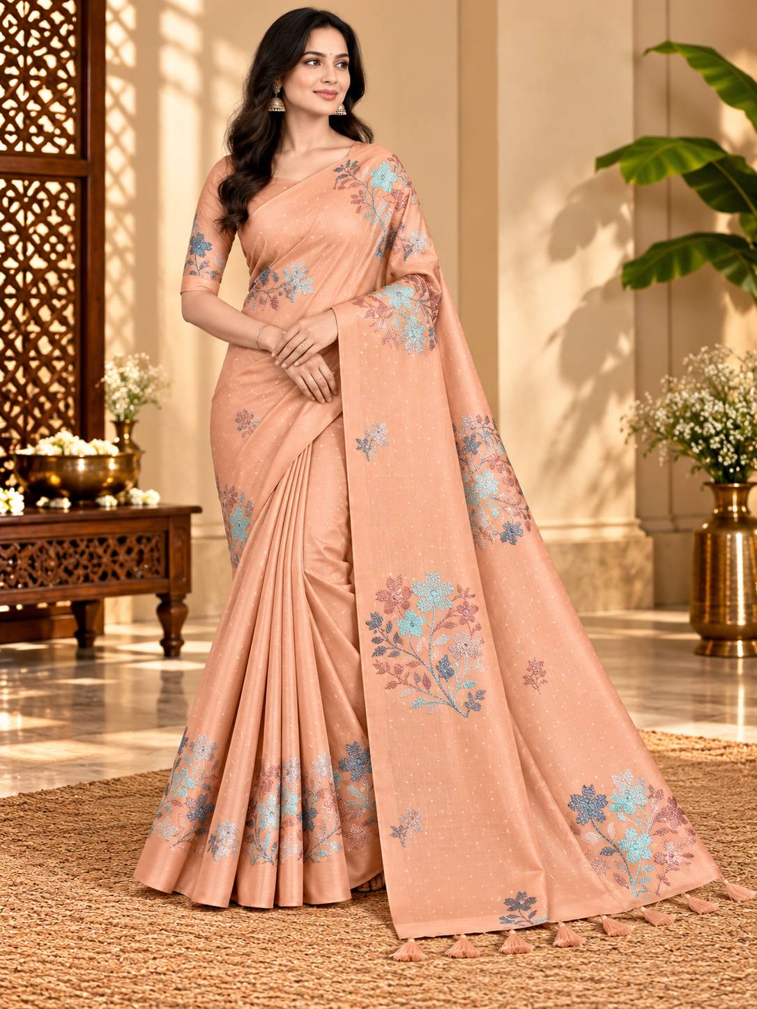Peach Pink Floral Printed Butter Silk Saree