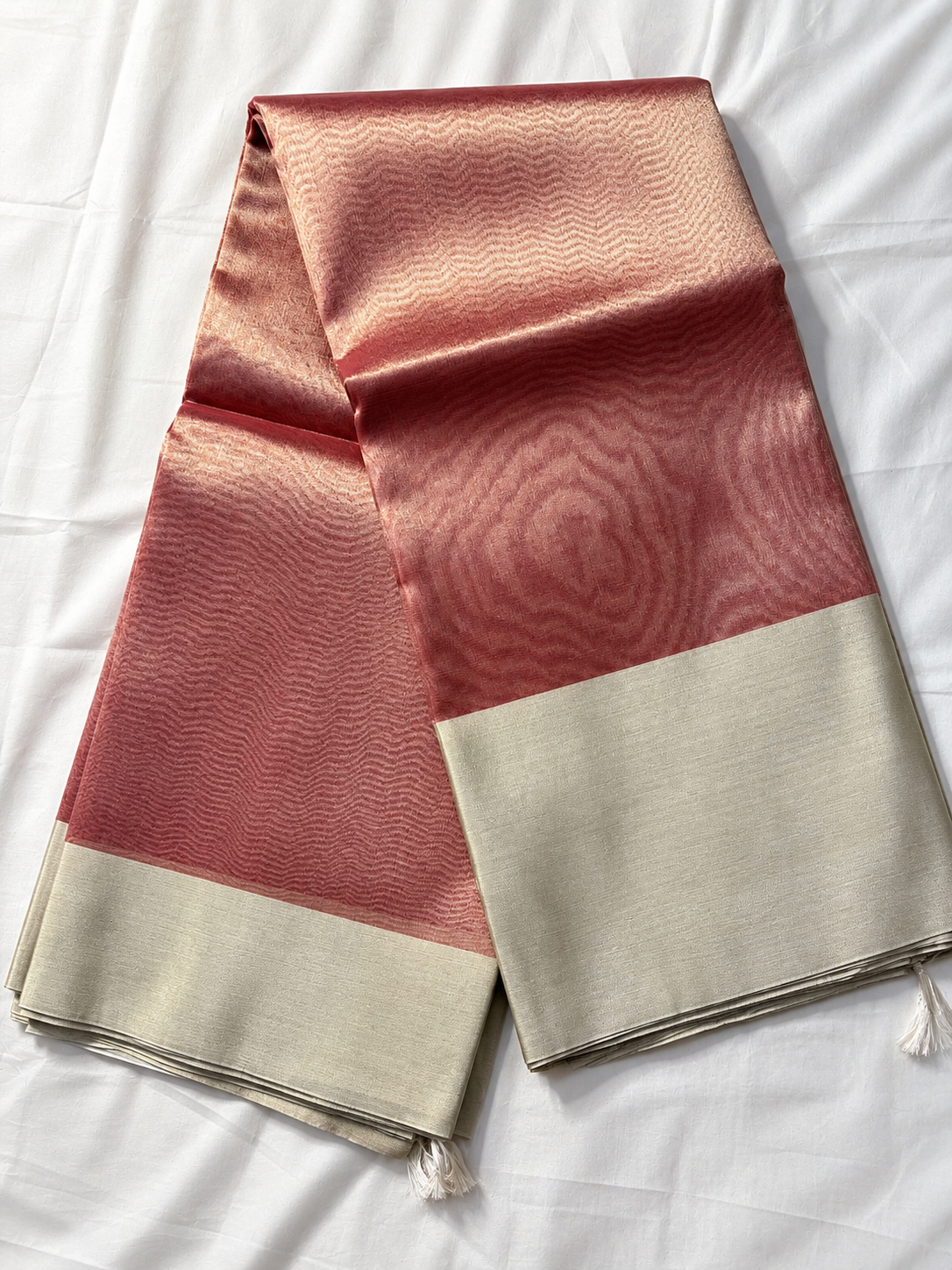 Elegant Tissue Silk Saree – Rose Pink & Silver Border