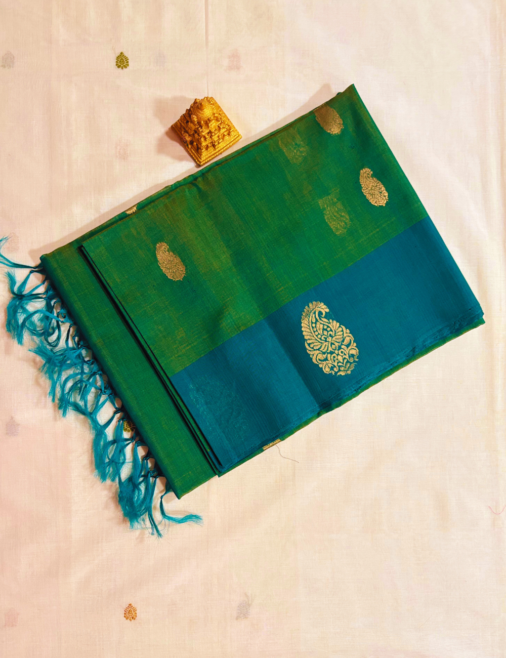 Turquoise Bluish Green with Golden Zari Silk Cotton Saree