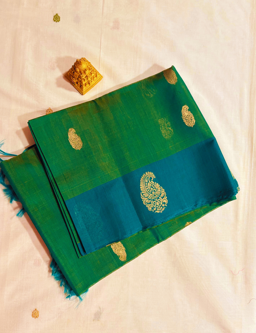 Turquoise Bluish Green with Golden Zari Silk Cotton Saree