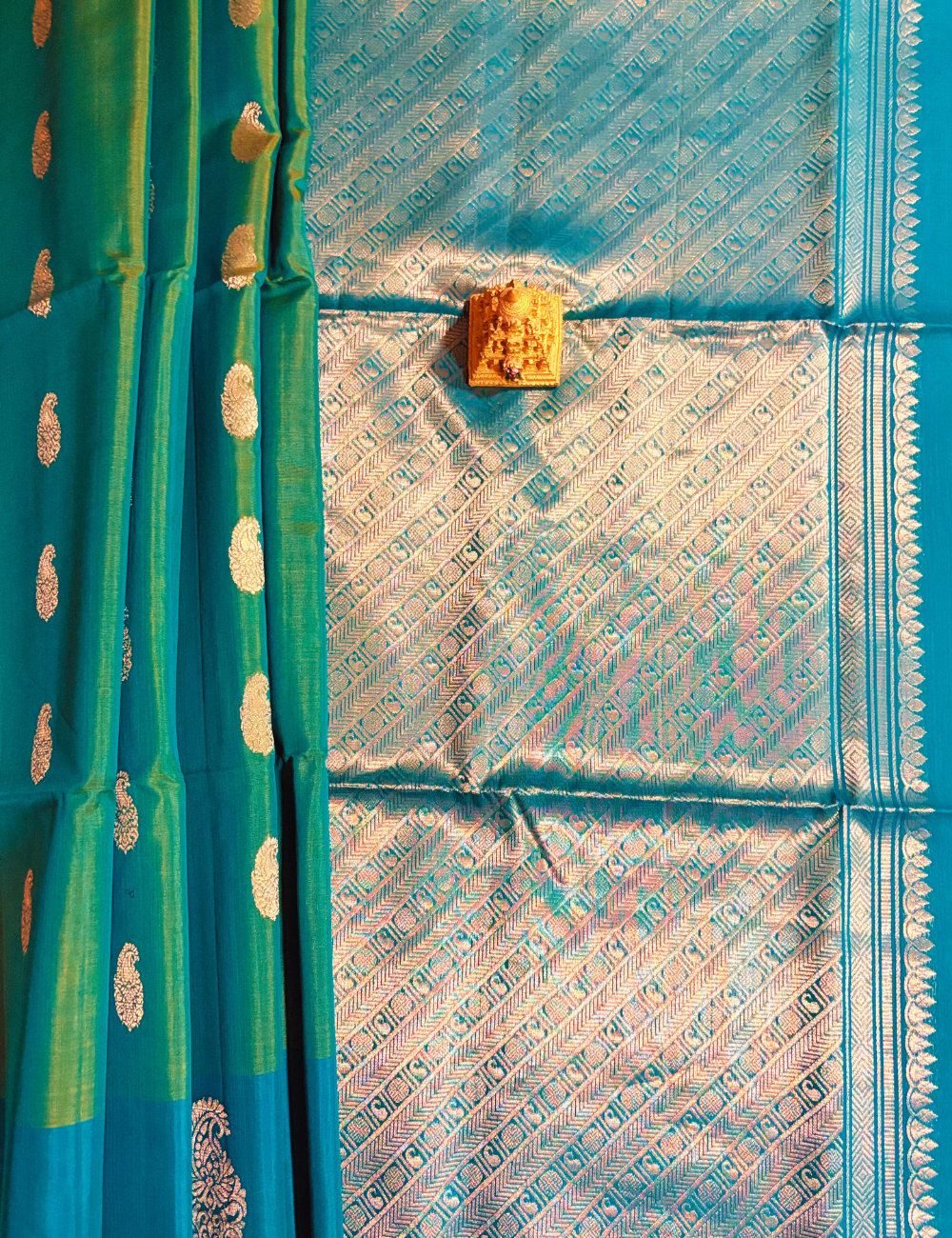 Turquoise Bluish Green with Golden Zari Silk Cotton Saree