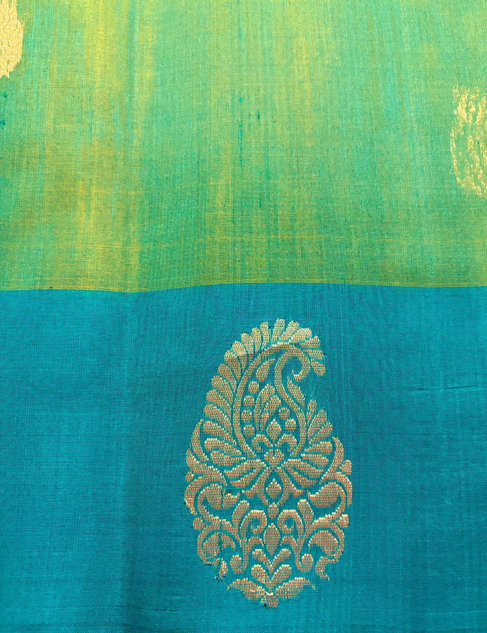 Turquoise Bluish Green with Golden Zari Silk Cotton Saree