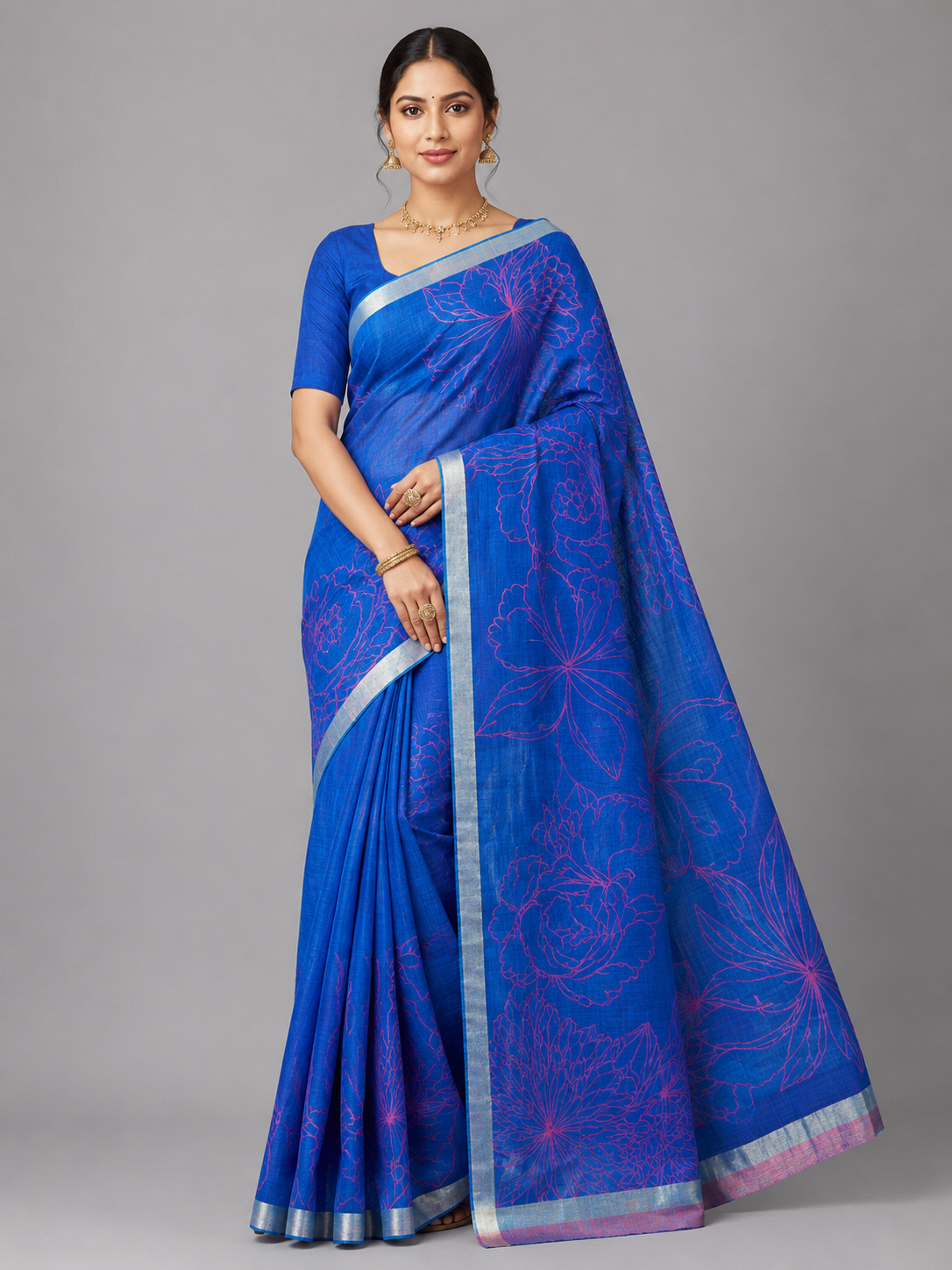 Ink Blue With Rani Pink Linen Saree