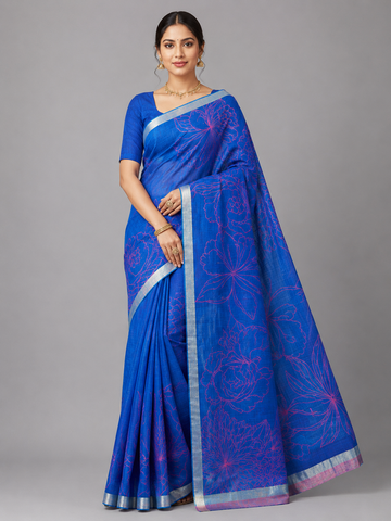 Ink Blue With Rani Pink Linen Saree