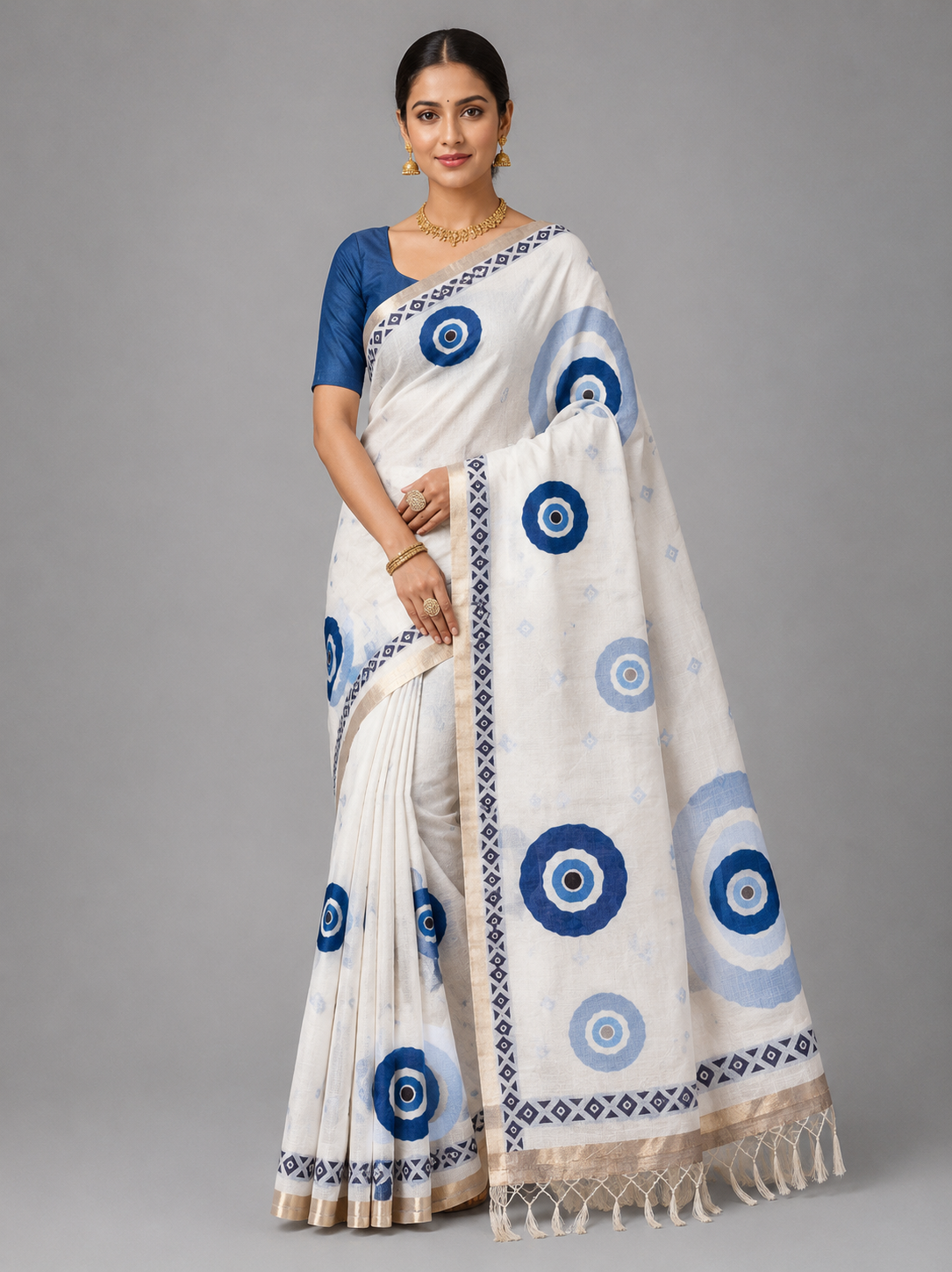 Elegant Blue Motif Chanderi Cotton Saree with Zari Border