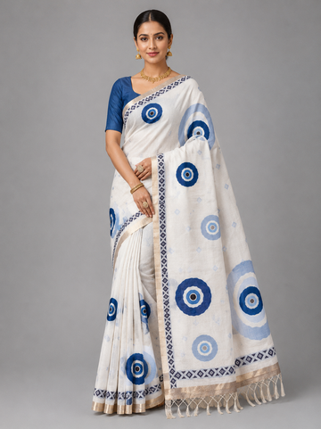 Elegant Blue Motif Chanderi Cotton Saree with Zari Border