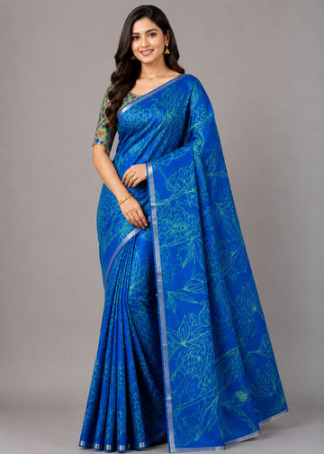 Royal Blue & Parrot Green Floral with Contrast Border  Linen Saree