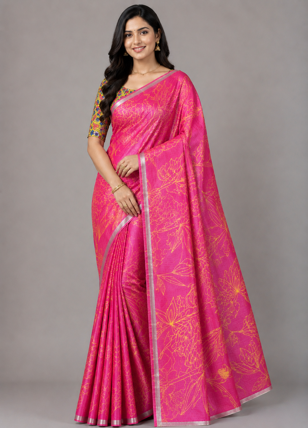Rani Pink & Mustard Yellow Floral  with Contrast Pallu Linen Saree