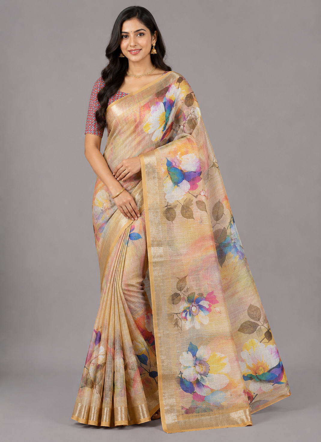 Pastel Floral with Golden Zari Border Linen Saree