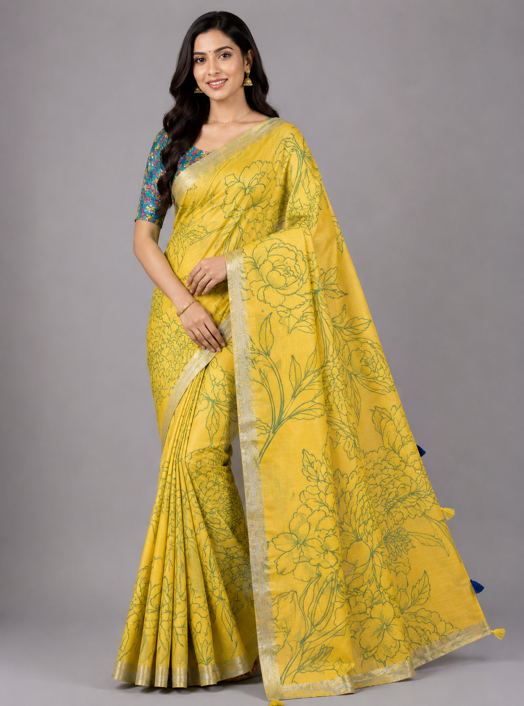 Mustard &Teal Floral  with Artistic Border Linen Saree