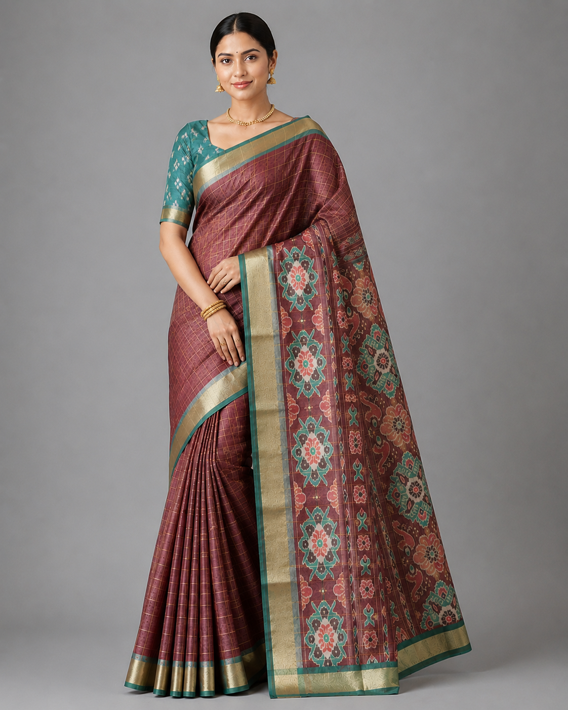 Deep Maroon with Teal Green & Antique Gold pallu Koriya Silk Saree