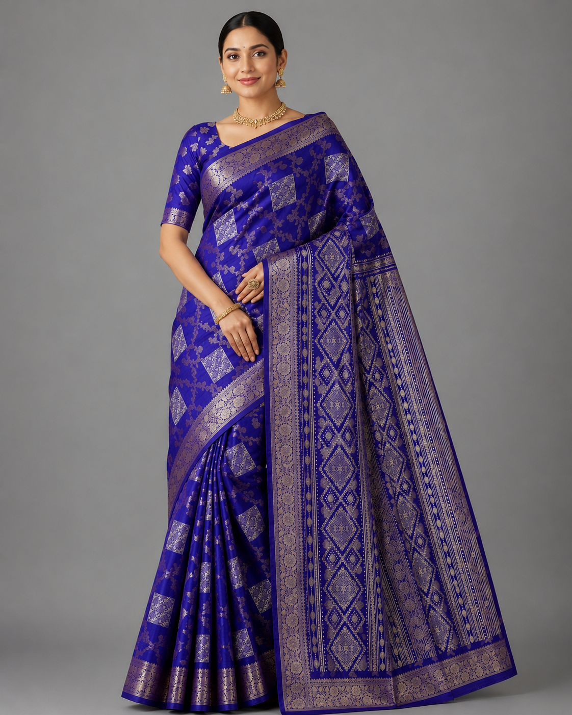 Royal Blue Semi Tussar Saree with Silver Zari Geometric Pallu