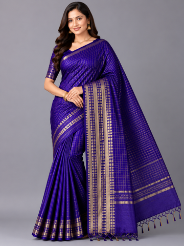 Purplish Blue Checked Moonga Silk Saree