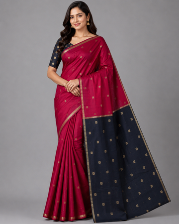 Classic Red & Black Kalyani Cotton Saree with Golden Border & Buttas