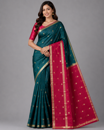 Rich teal green with a Pinkish-Red Kalyani Cotton Saree
