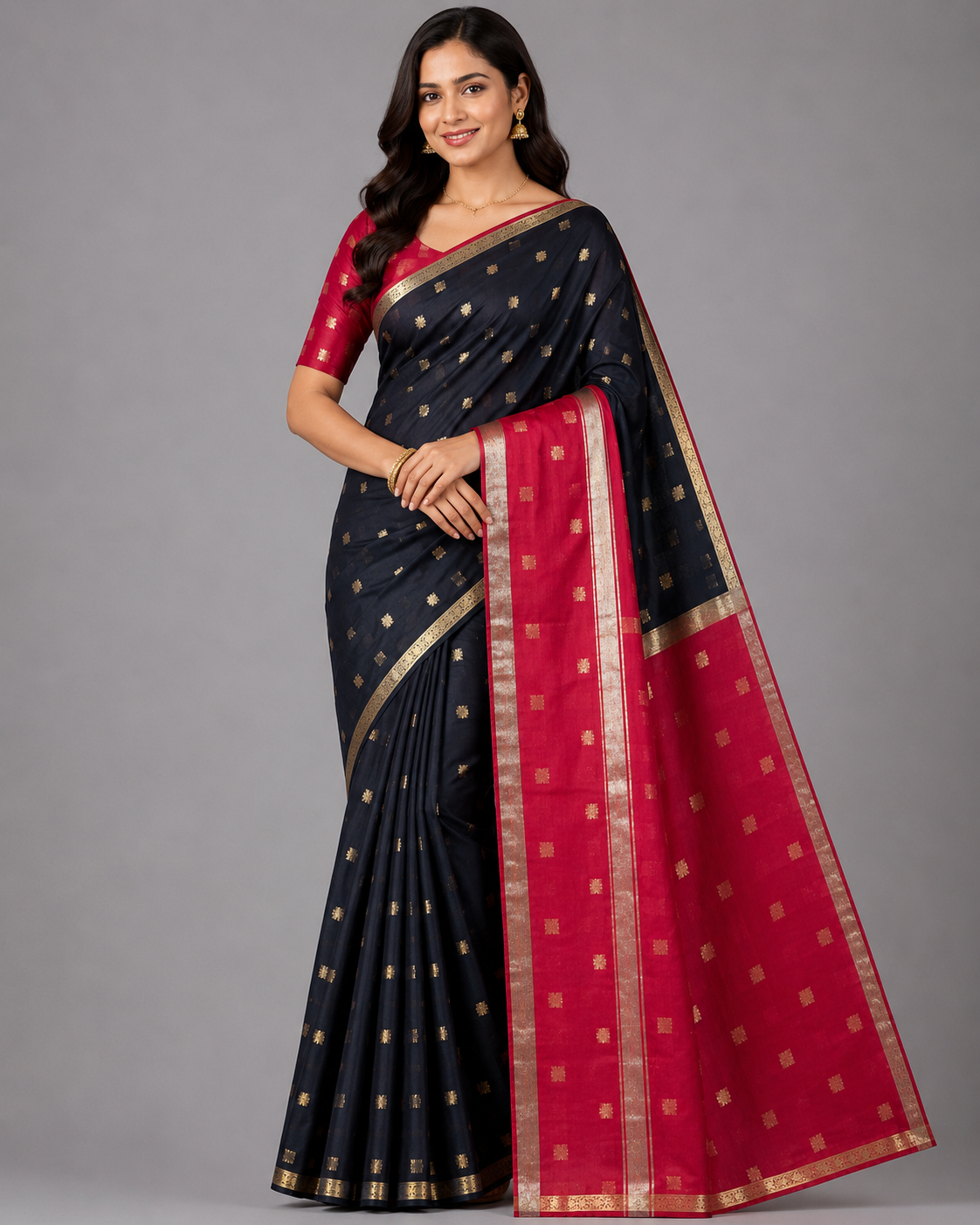 Black & Pinkish red with Zari Border Kalyani Cotton Saree