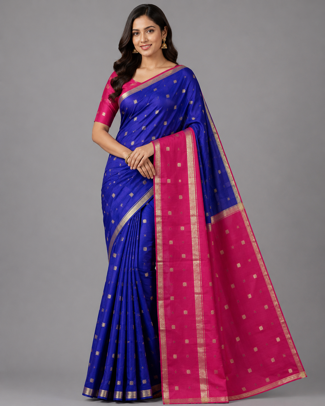 Royal Blue & Magenta Kalyani Cotton Saree with Golden Butta